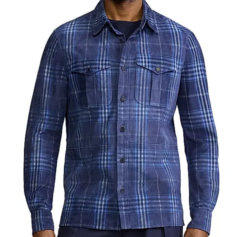 Ralph Lauren Purple Label Plaid-Print Suede Shirt Navy Blue Multi Size M